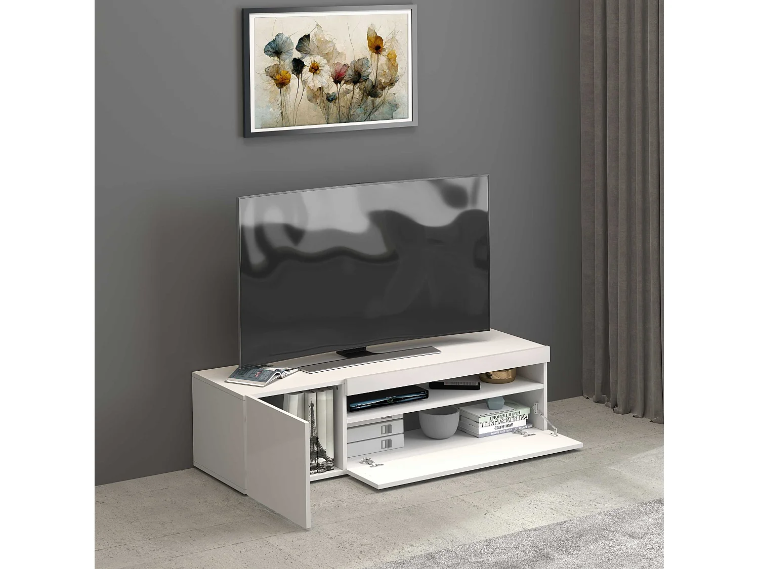 Mobile porta tv Potenza con 1 anta laterale e 1 anta a ribalta bianco lucido 130x40x36 cm