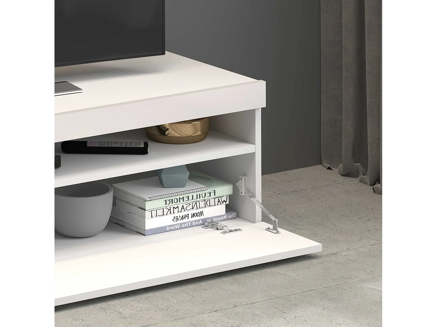 Mobile porta tv Potenza con 1 anta laterale e 1 anta a ribalta bianco lucido 130x40x36 cm