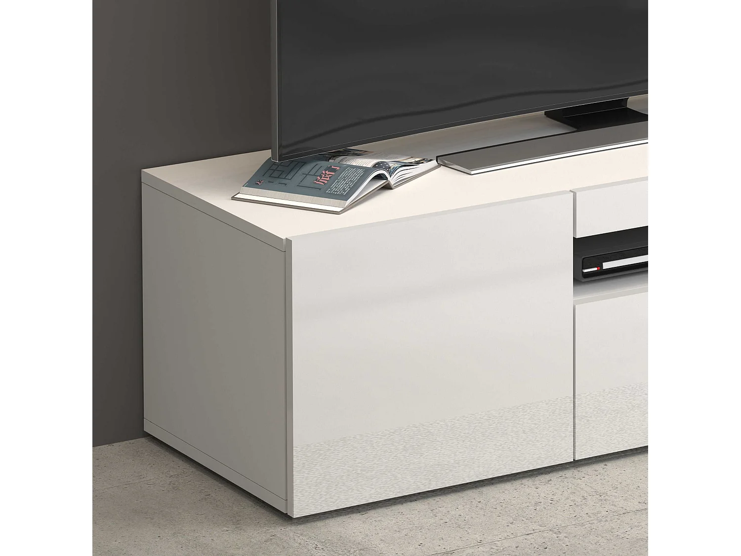 Mobile porta tv Potenza con 1 anta laterale e 1 anta a ribalta bianco lucido 130x40x36 cm