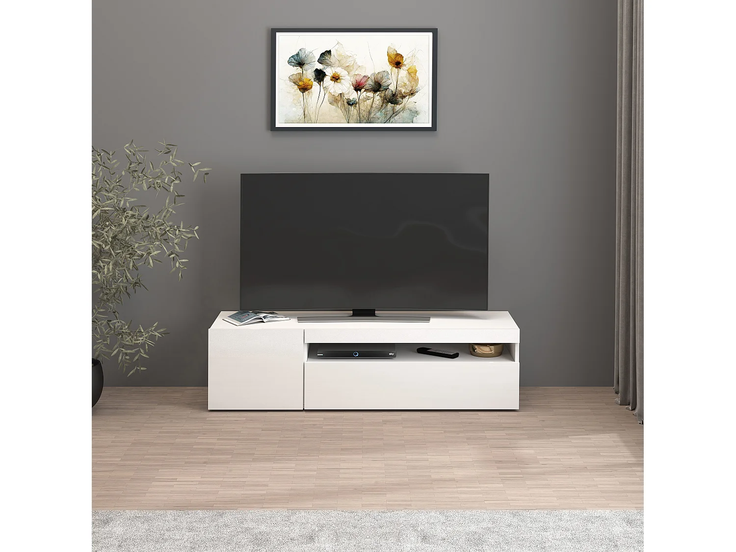 Mobile porta tv Potenza con 1 anta laterale e 1 anta a ribalta bianco lucido 130x40x36 cm