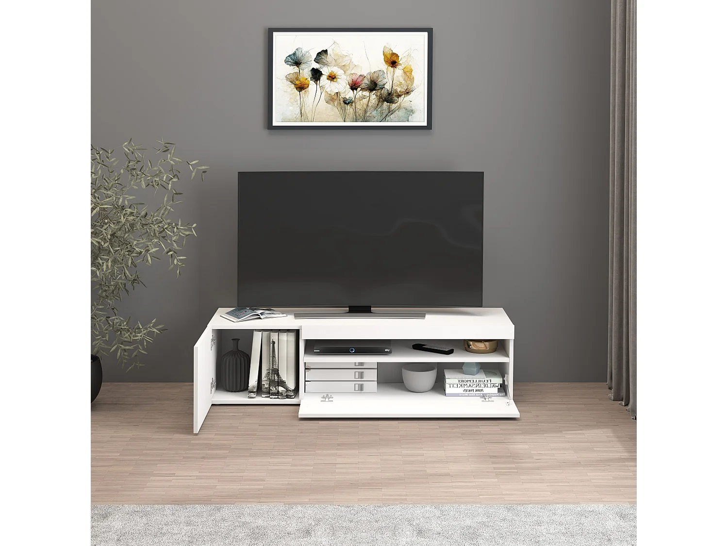 Mobile porta tv Potenza con 1 anta laterale e 1 anta a ribalta bianco lucido 130x40x36 cm