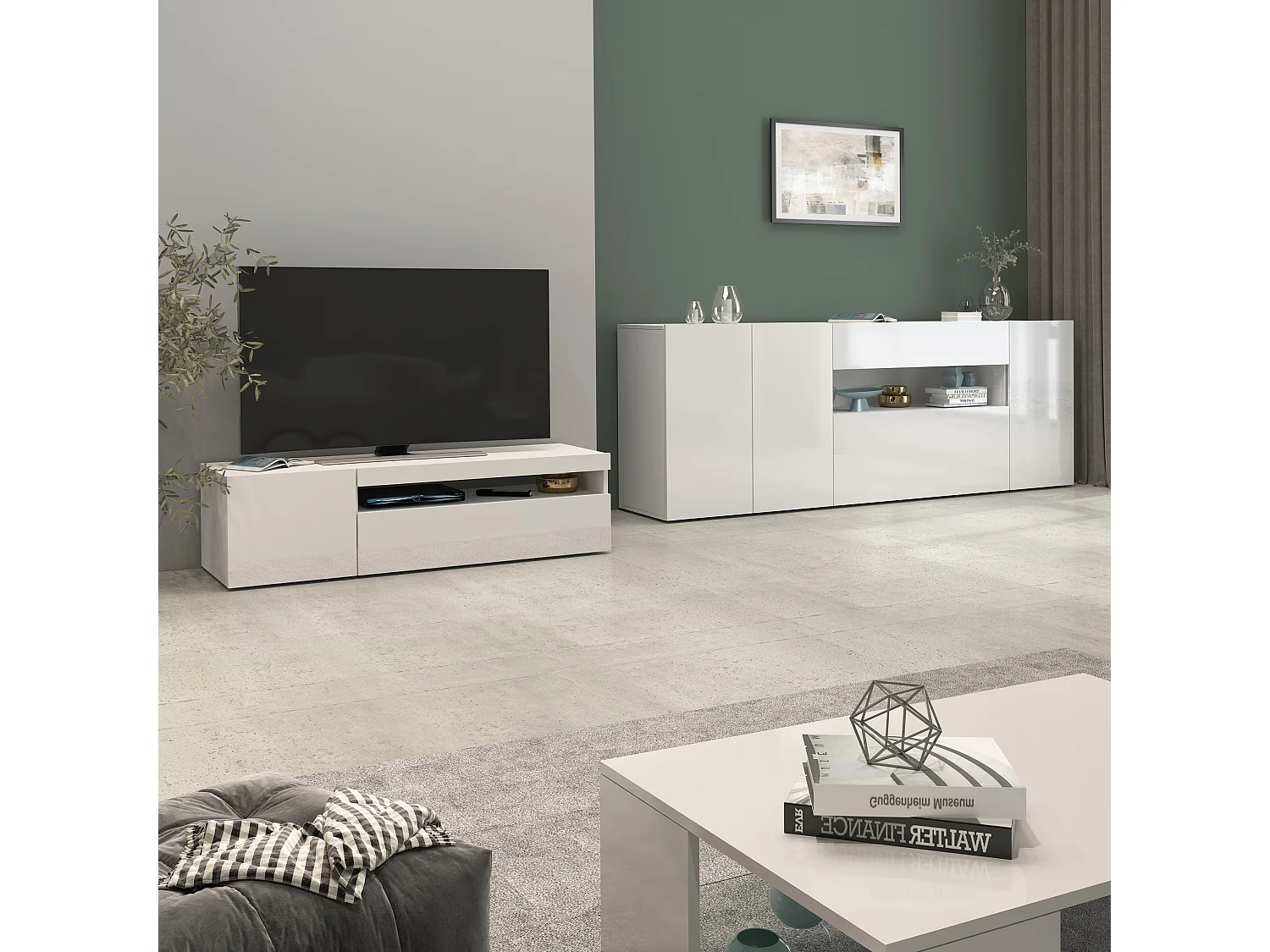 Mobile porta tv Potenza con 1 anta laterale e 1 anta a ribalta bianco lucido 130x40x36 cm