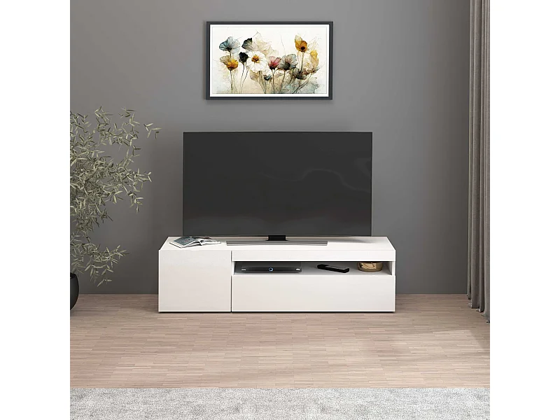 Mobile porta tv Potenza con 1 anta laterale e 1 anta a ribalta bianco lucido 130x40x36 cm