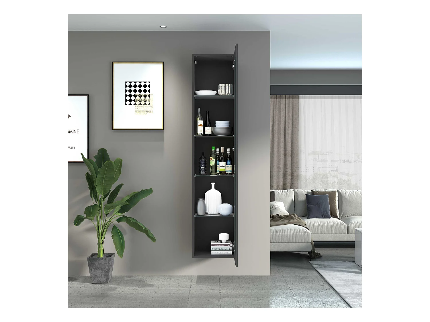 Vetrina soggiorno Maruska con 1 anta antracite opaco 40x30x180 cm