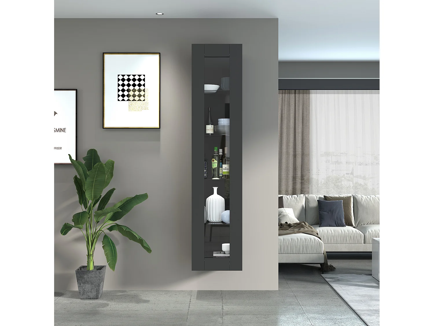 Moderne schwarze Wohnzimmer-Vitrine mit Glastür und 4 Glasböden Note Vidrio