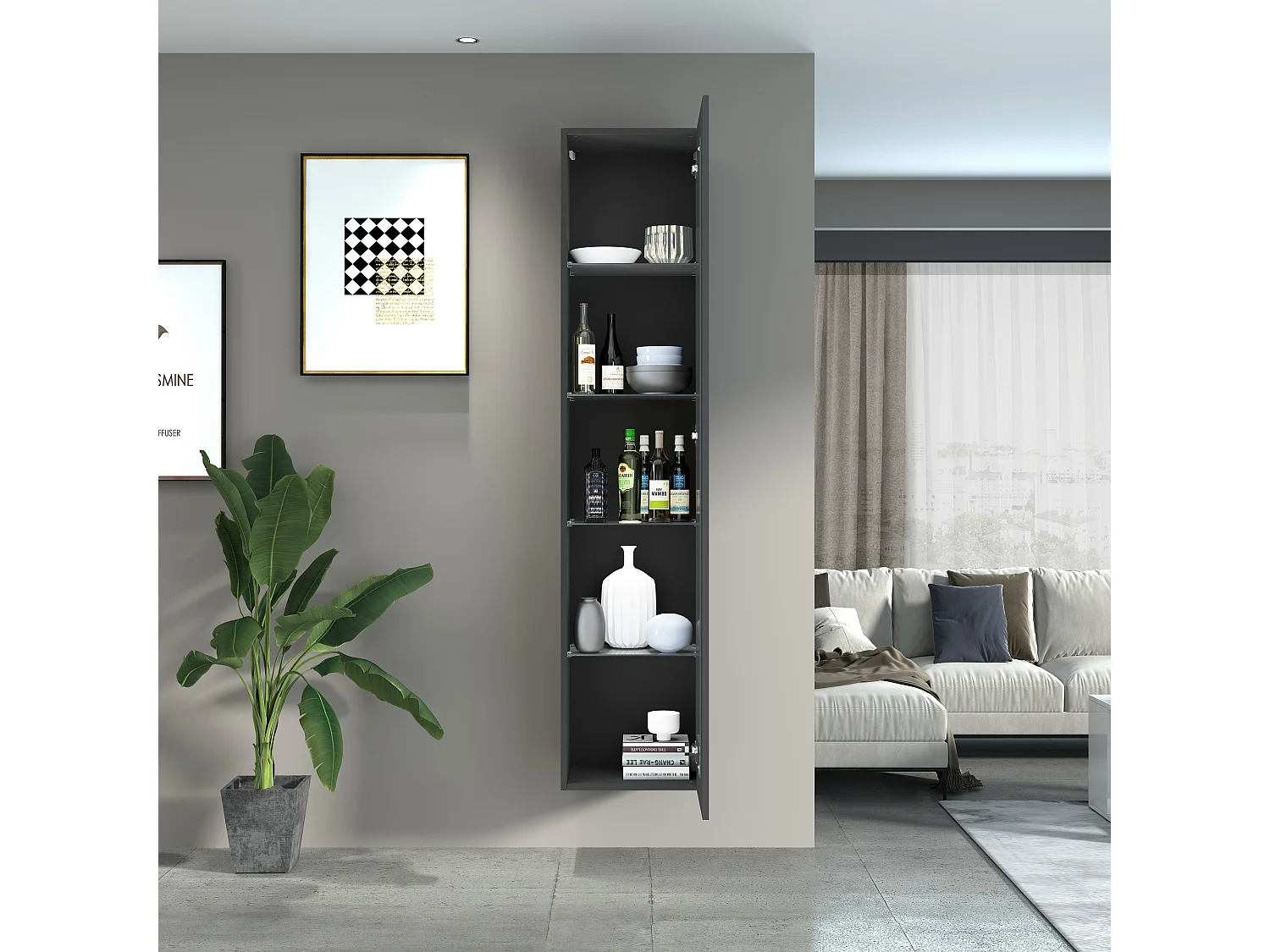Moderne schwarze Wohnzimmer-Vitrine mit Glastür und 4 Glasböden Note Vidrio