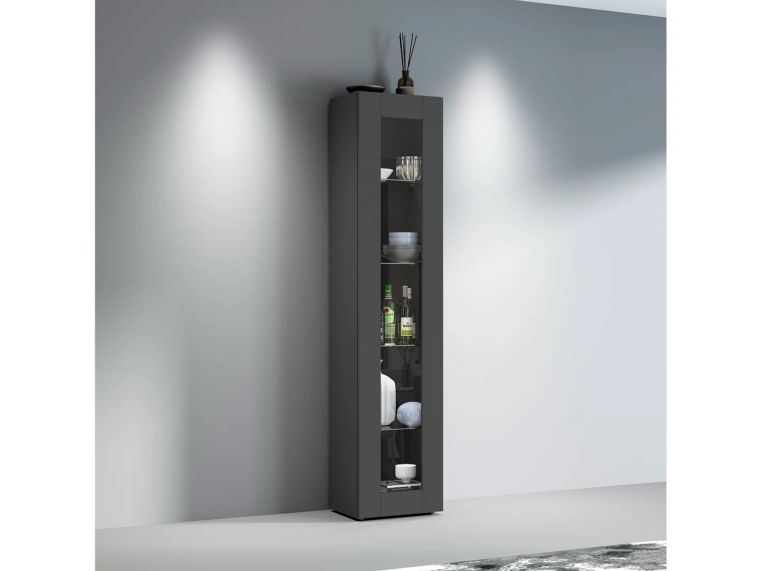 Moderne schwarze Wohnzimmer-Vitrine mit Glastür und 4 Glasböden Note Vidrio
