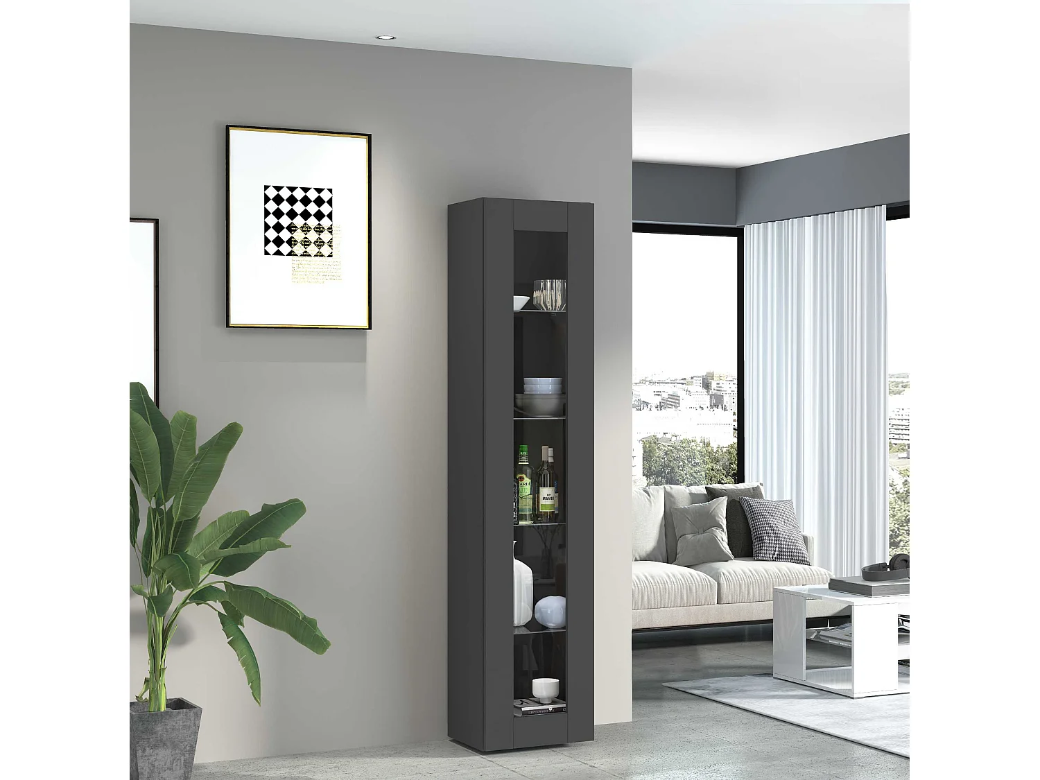 Moderne schwarze Wohnzimmer-Vitrine mit Glastür und 4 Glasböden Note Vidrio