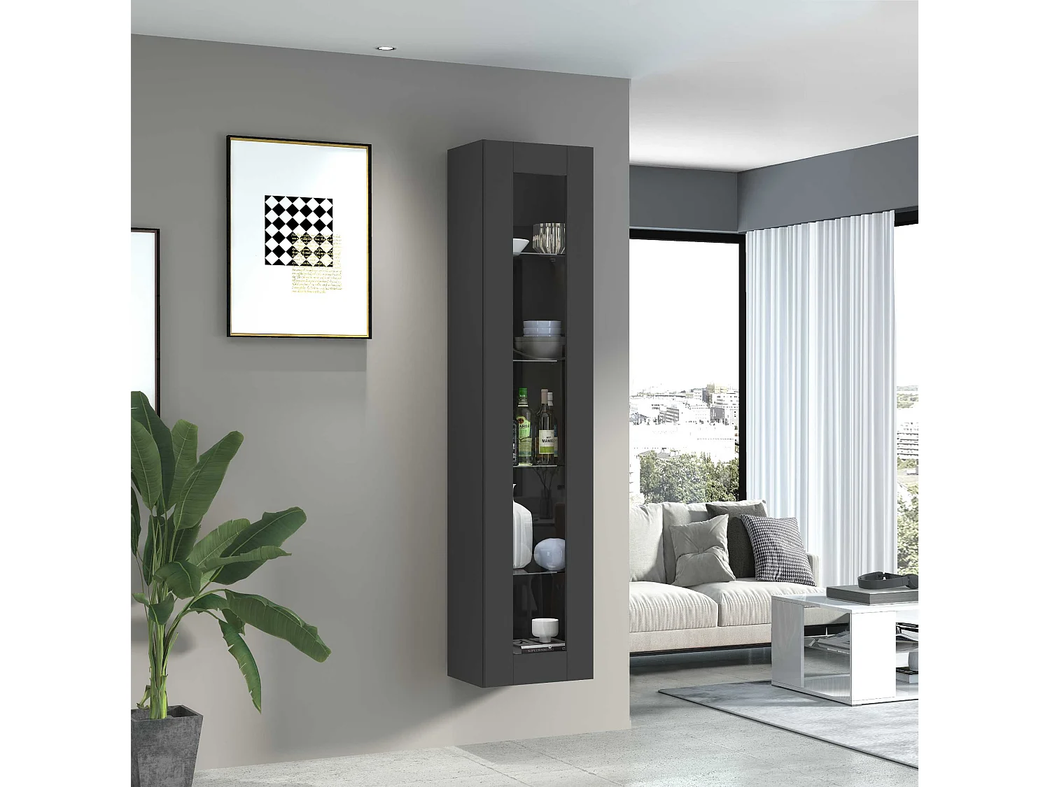 Moderne schwarze Wohnzimmer-Vitrine mit Glastür und 4 Glasböden Note Vidrio
