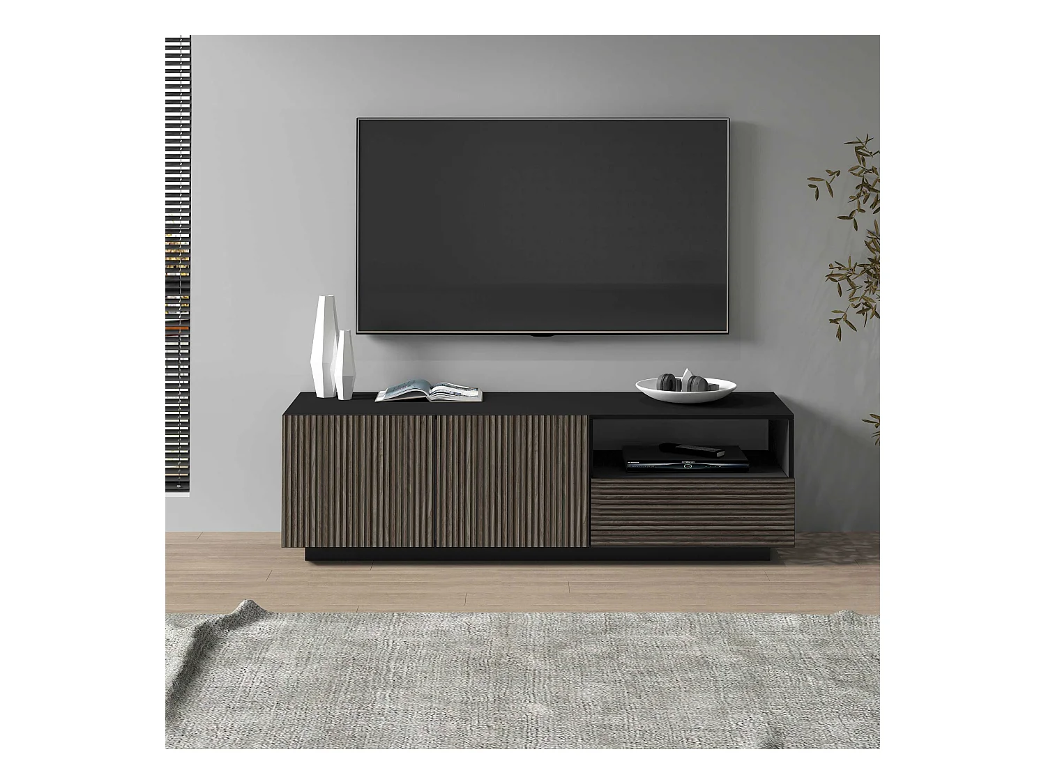 Mobile porta tv Coste a 2 ante 1 cassetto e 1 vano antracite/legno scuro 150x43x46 cm