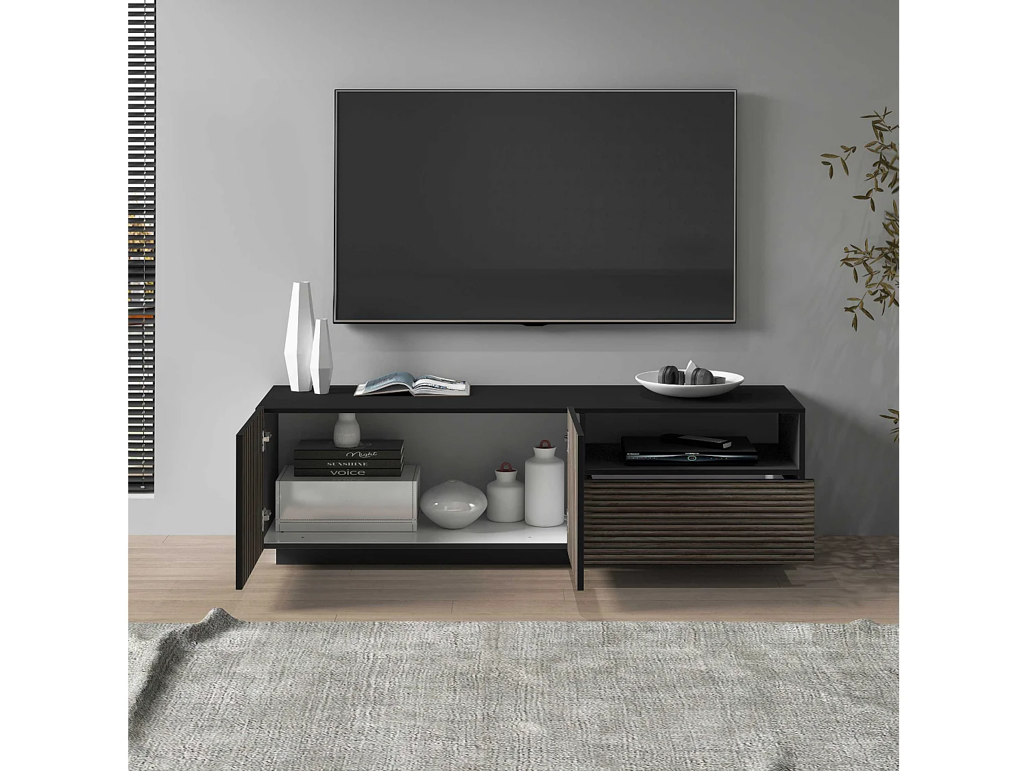 Mobile porta tv Coste a 2 ante 1 cassetto e 1 vano antracite/legno scuro 150x43x46 cm