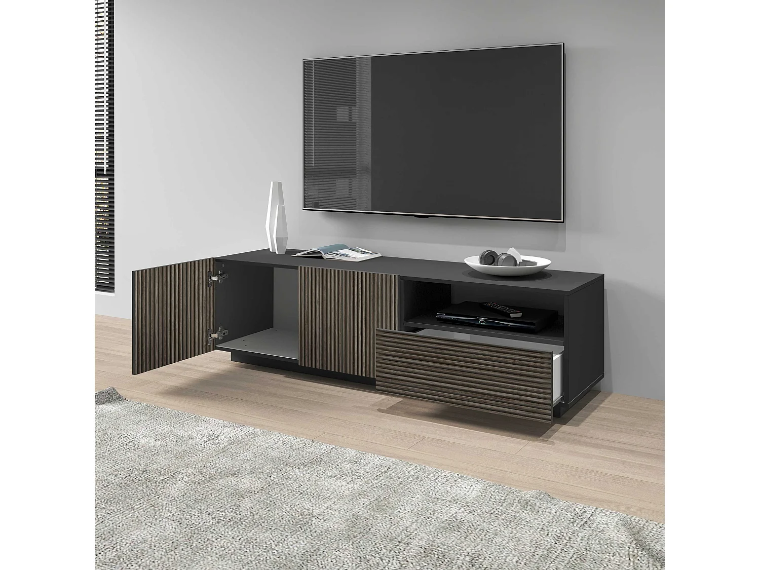 Mobile porta tv Coste a 2 ante 1 cassetto e 1 vano antracite/legno scuro 150x43x46 cm