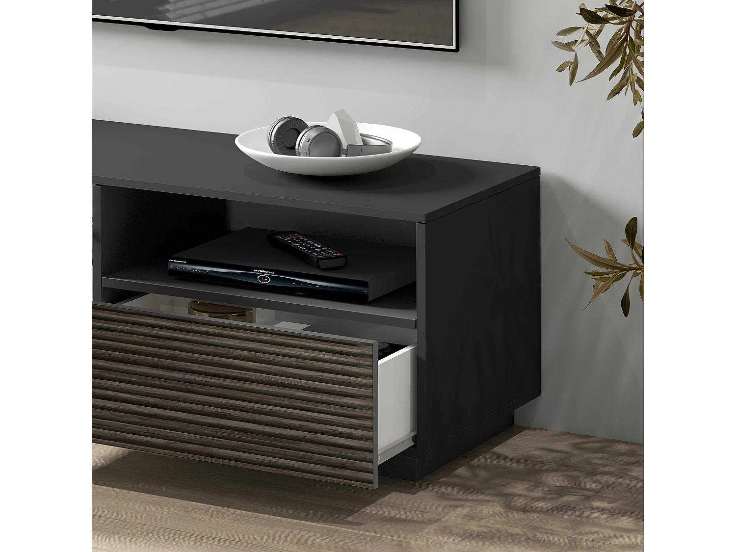 Mobile porta tv Coste a 2 ante 1 cassetto e 1 vano antracite/legno scuro 150x43x46 cm