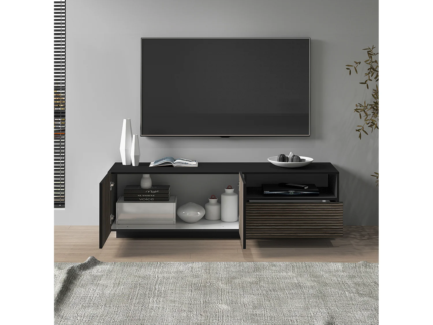 Mobile porta tv Coste a 2 ante 1 cassetto e 1 vano antracite/legno scuro 150x43x46 cm