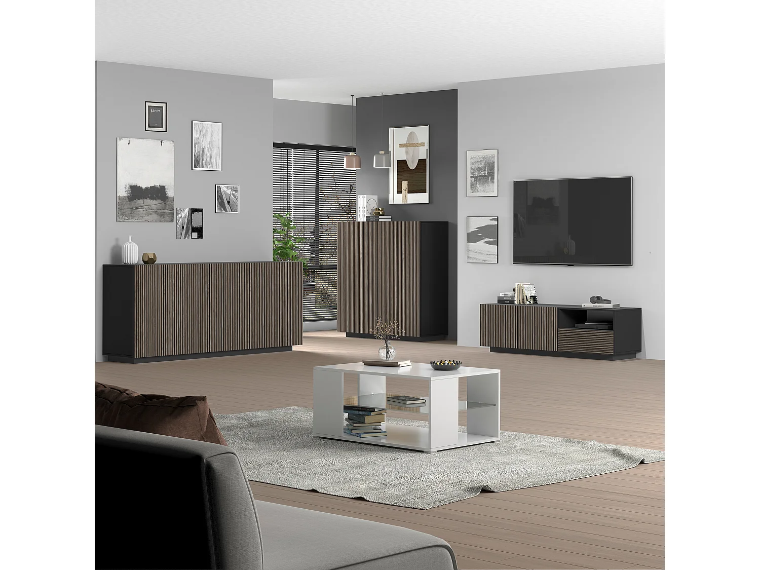 Mobile porta tv Coste a 2 ante 1 cassetto e 1 vano antracite/legno scuro 150x43x46 cm