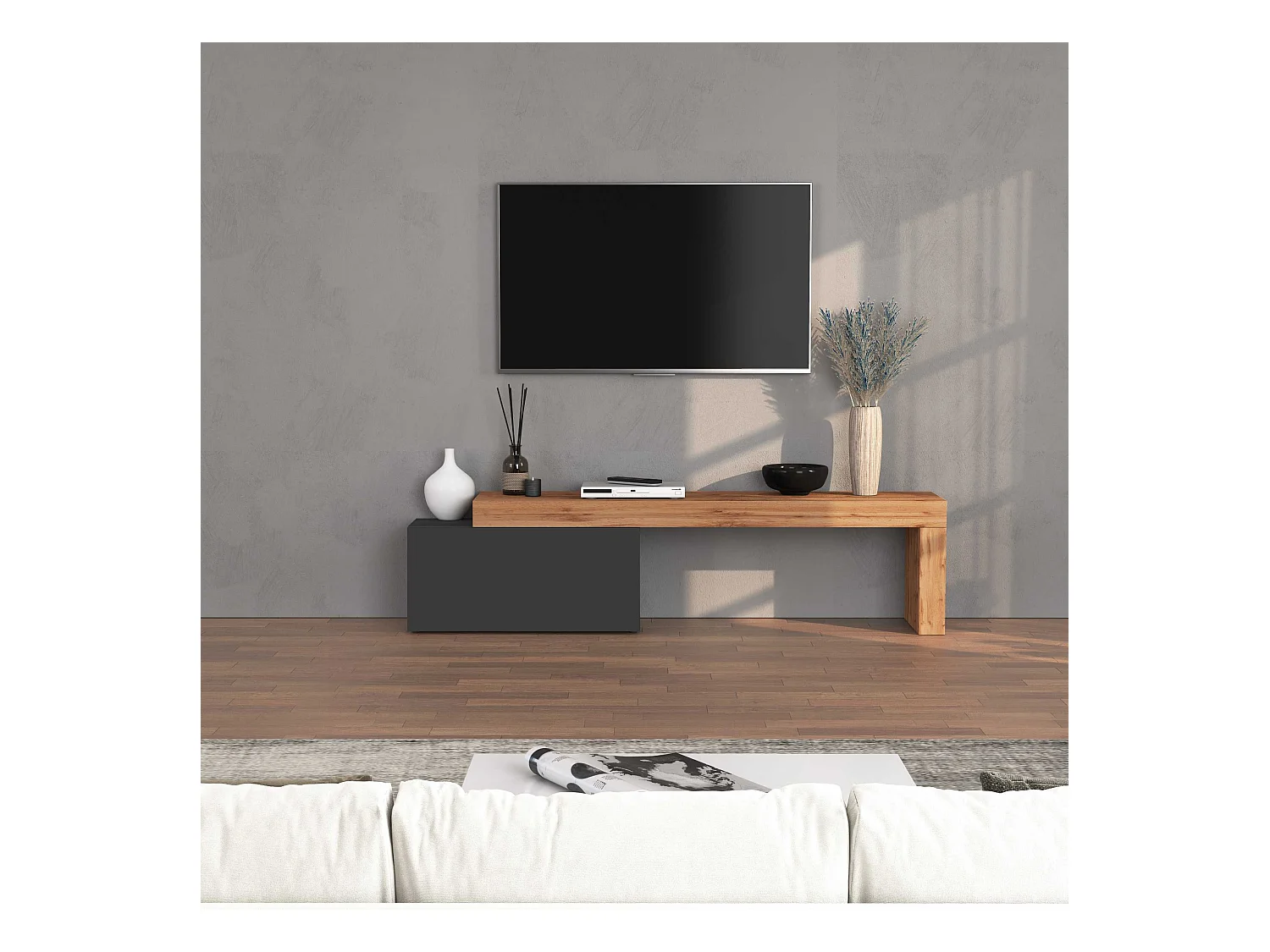 Mobile porta tv Chronos estensibile con 1 anta a ribalta antracite/rovere 180/260x40x51 cm