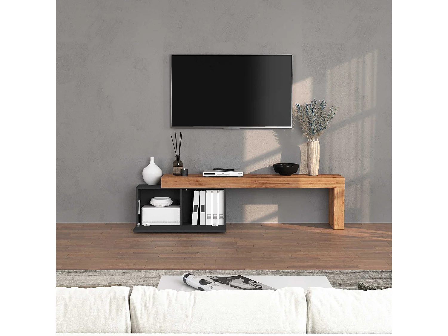 Mobile porta tv Chronos estensibile con 1 anta a ribalta antracite/rovere 180/260x40x51 cm
