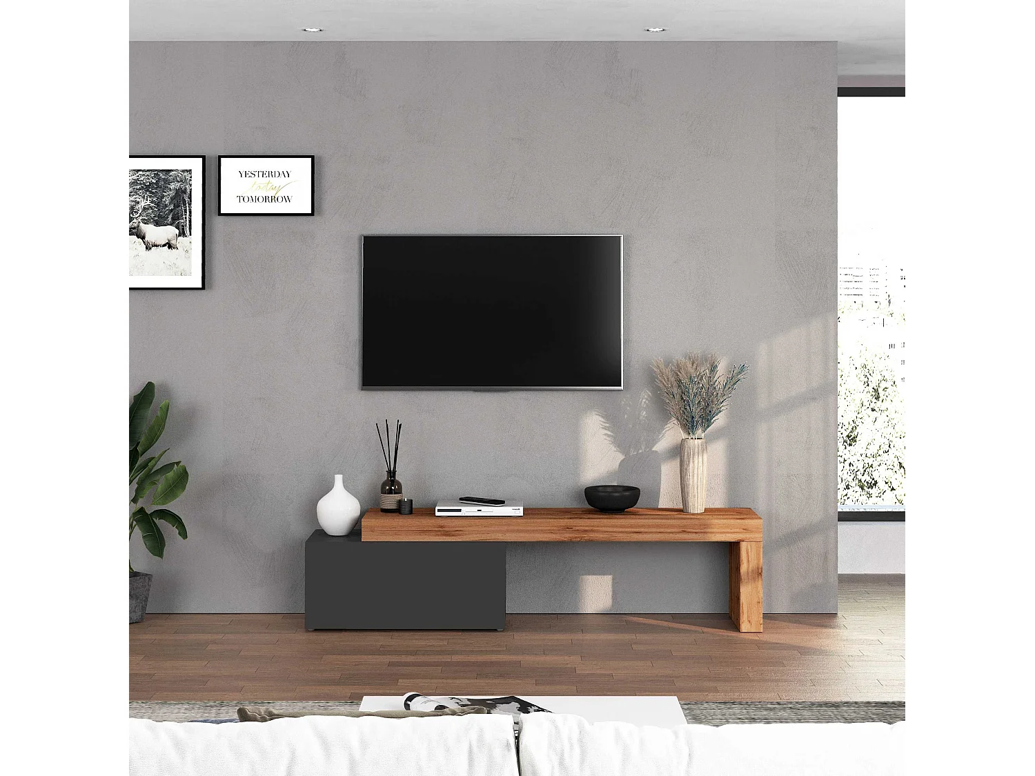 Mueble TV Chronos extensible con 1 puerta abatible color antracita/roble 180/260x40x51 cm