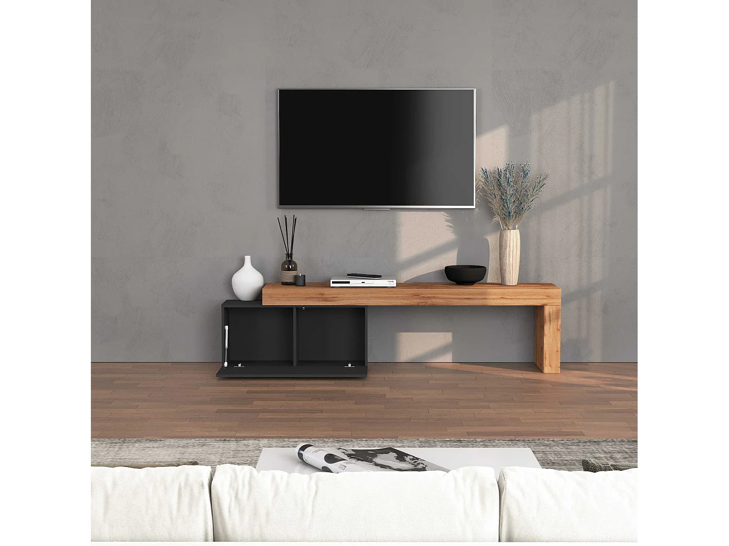 Mueble TV Chronos extensible con 1 puerta abatible color antracita/roble 180/260x40x51 cm