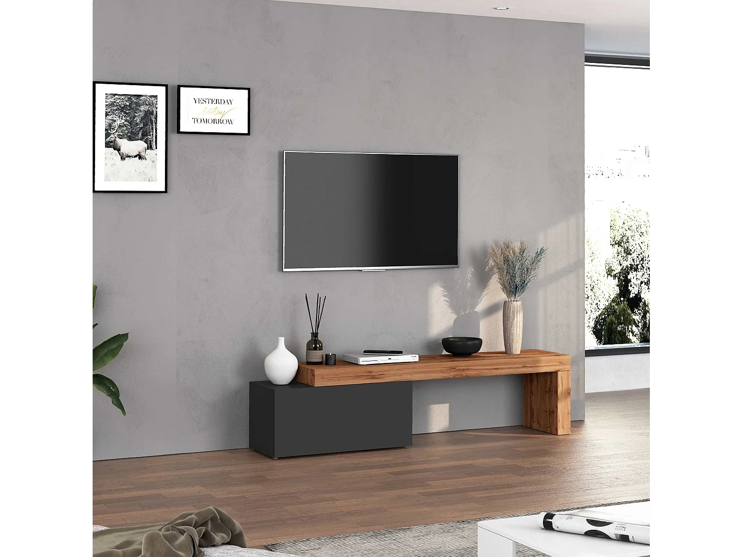 Mueble TV Chronos extensible con 1 puerta abatible color antracita/roble 180/260x40x51 cm
