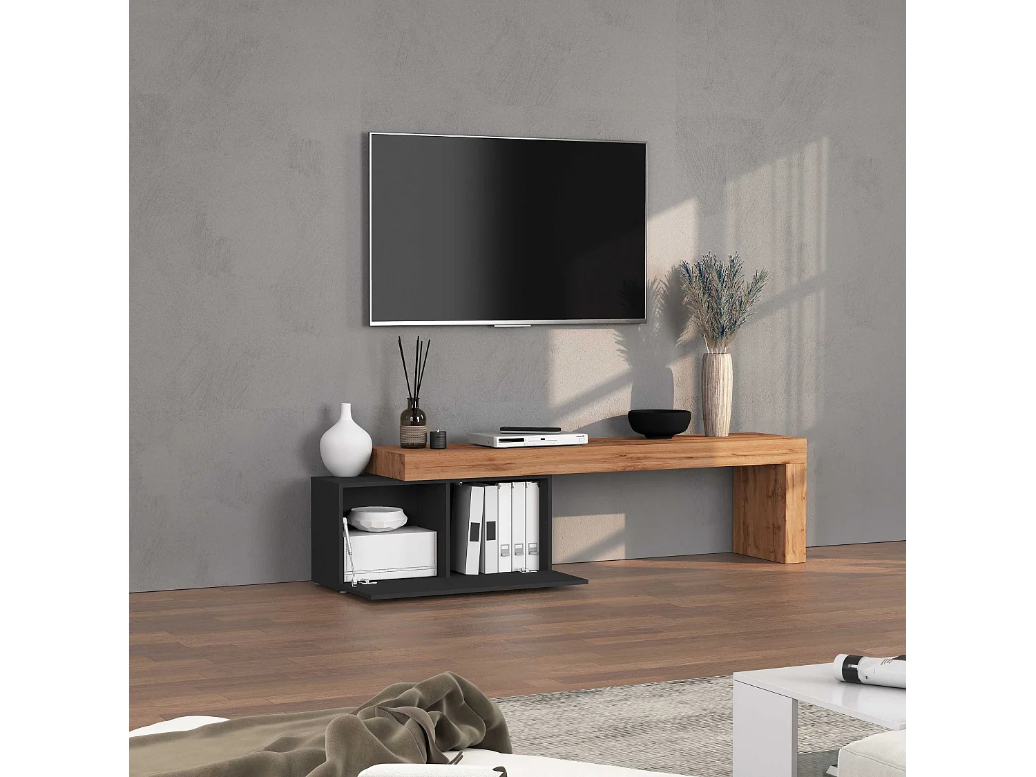 Mueble TV Chronos extensible con 1 puerta abatible color antracita/roble 180/260x40x51 cm