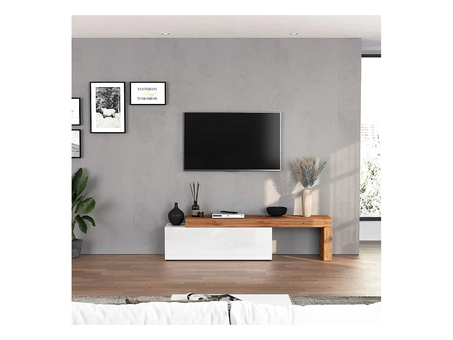 Mobile porta tv Chronos estensibile con 1 anta a ribalta  bianco/rovere 180/290x40x51 cm