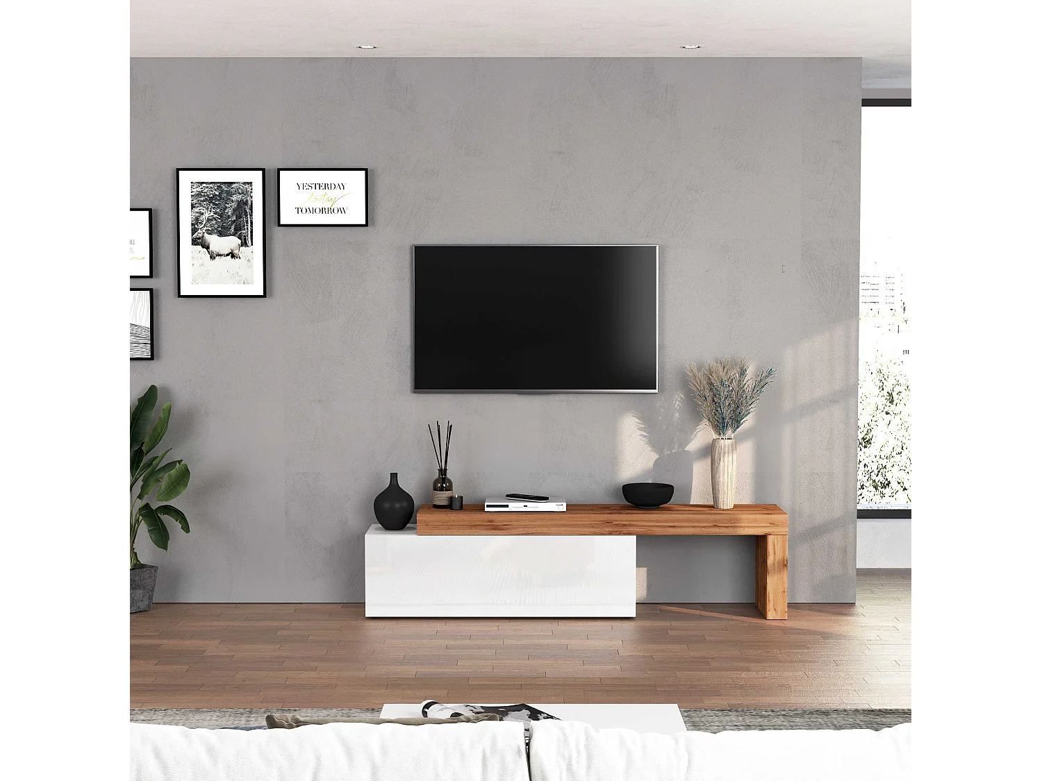 Mobile porta tv Chronos estensibile con 1 anta a ribalta  bianco/rovere 180/290x40x51 cm
