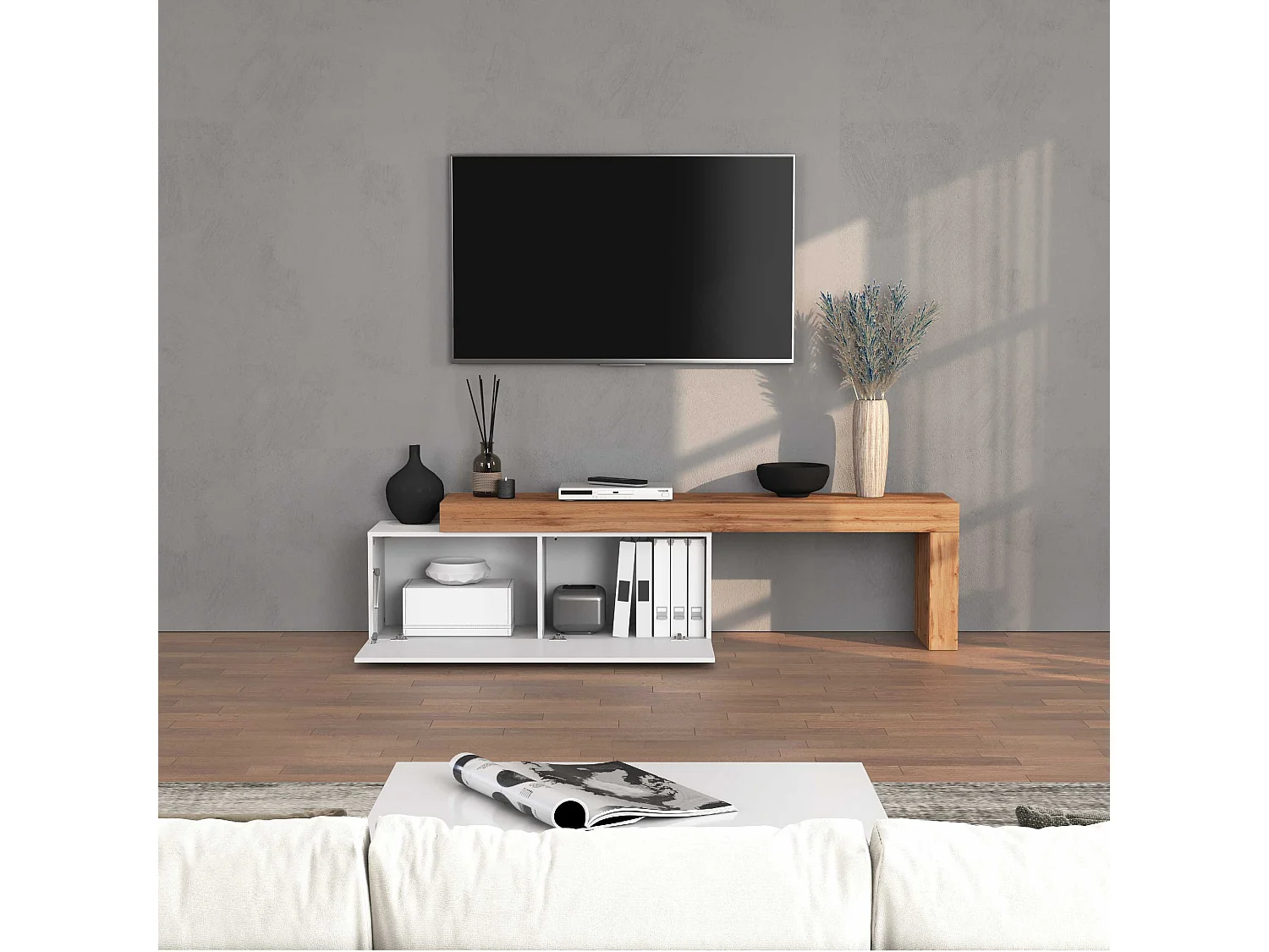 Mobile porta tv Chronos estensibile con 1 anta a ribalta  bianco/rovere 180/290x40x51 cm