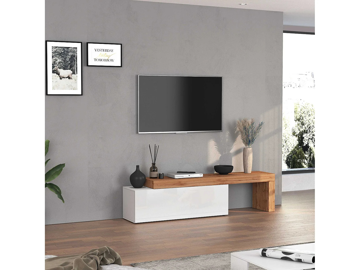 Mobile porta tv Chronos estensibile con 1 anta a ribalta  bianco/rovere 180/290x40x51 cm