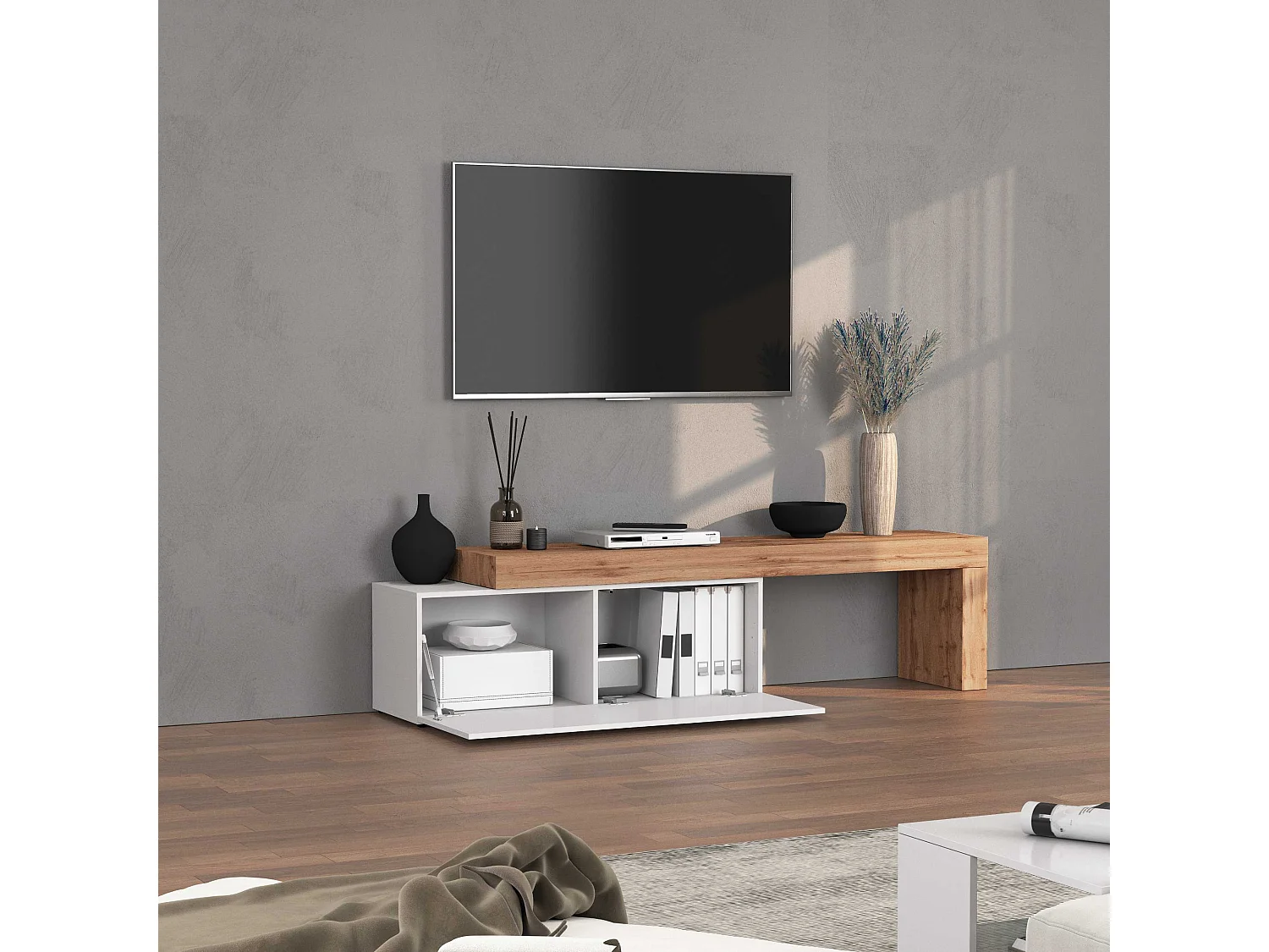 Mobile porta tv Chronos estensibile con 1 anta a ribalta  bianco/rovere 180/290x40x51 cm