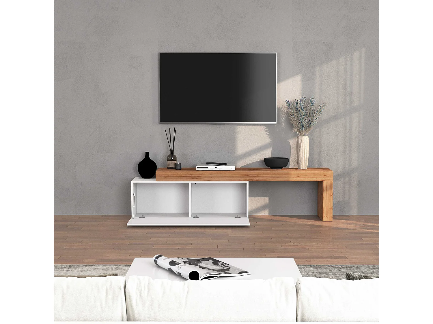 Mobile porta tv Chronos estensibile con 1 anta a ribalta  bianco/rovere 180/290x40x51 cm