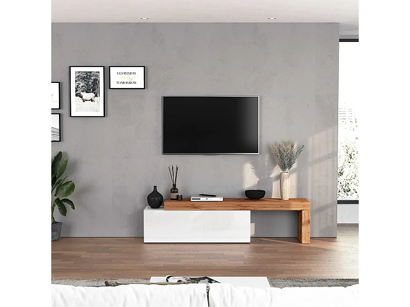 Mobile porta tv Chronos estensibile con 1 anta a ribalta  bianco/rovere 180/290x40x51 cm