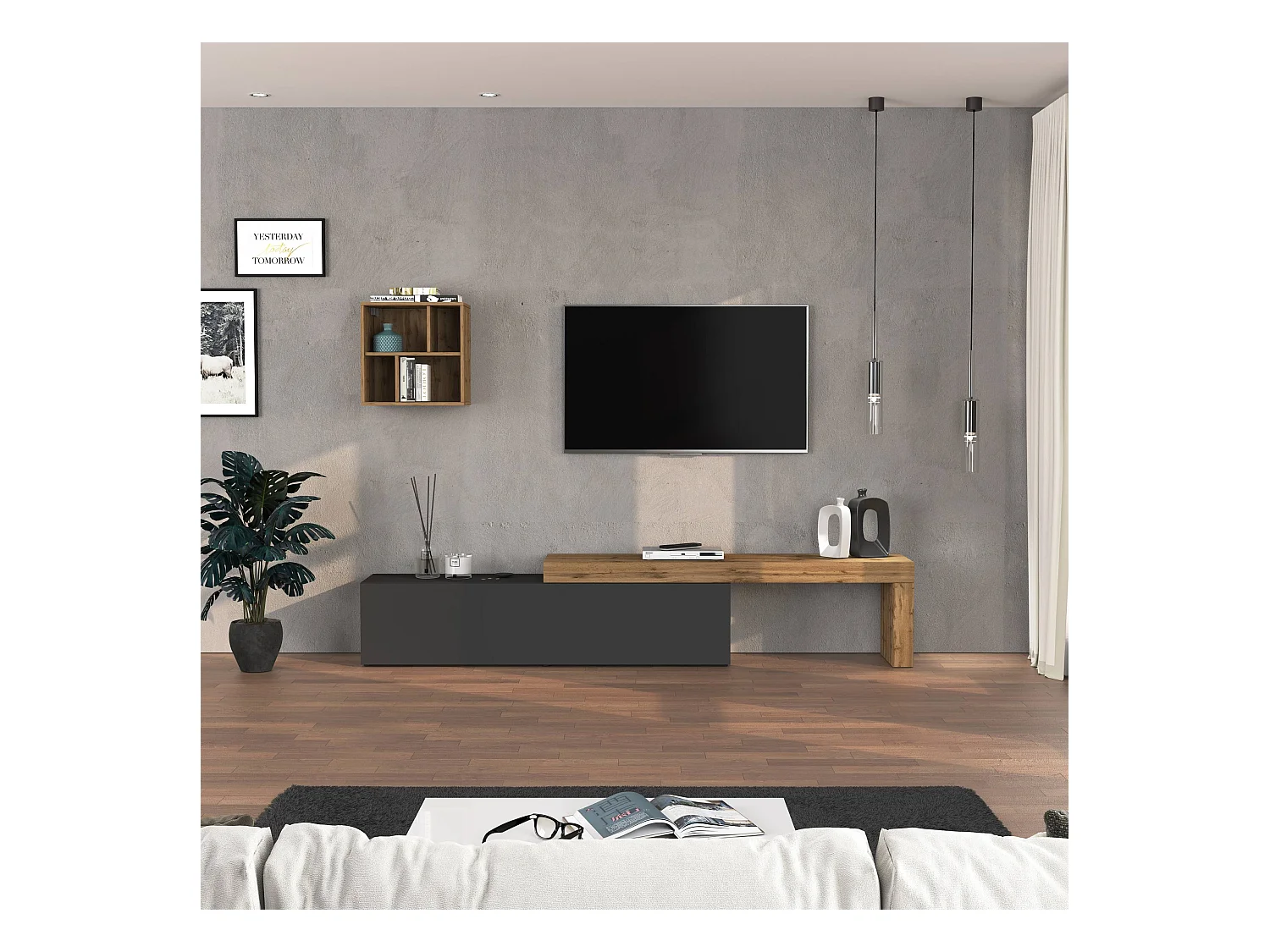 Parete attrezzata Chronos set soggiorno antracite opaco e rovere 190/350x40 cm