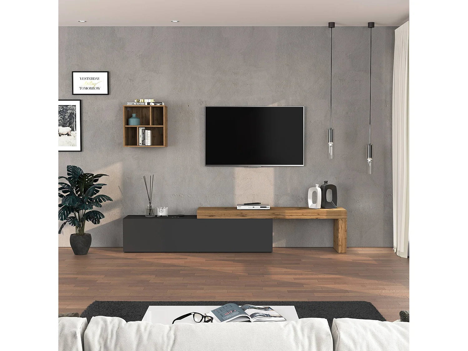 Parete attrezzata Chronos set soggiorno antracite opaco e rovere 190/350x40 cm