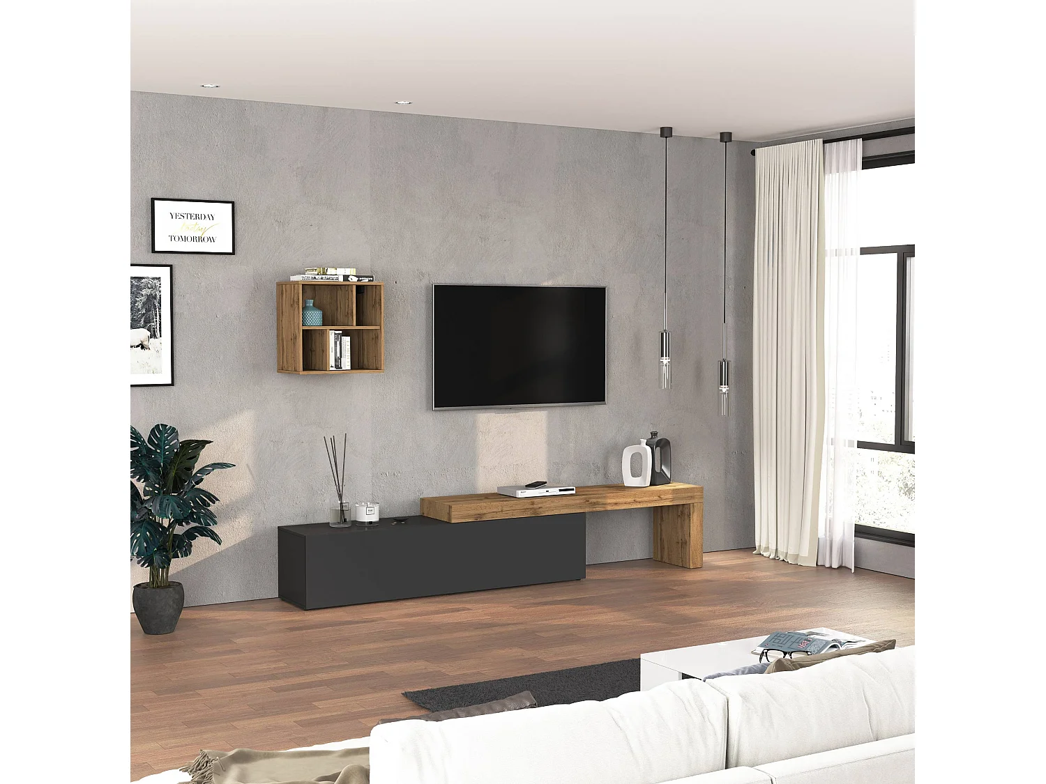 Parete attrezzata Chronos set soggiorno antracite opaco e rovere 190/350x40 cm