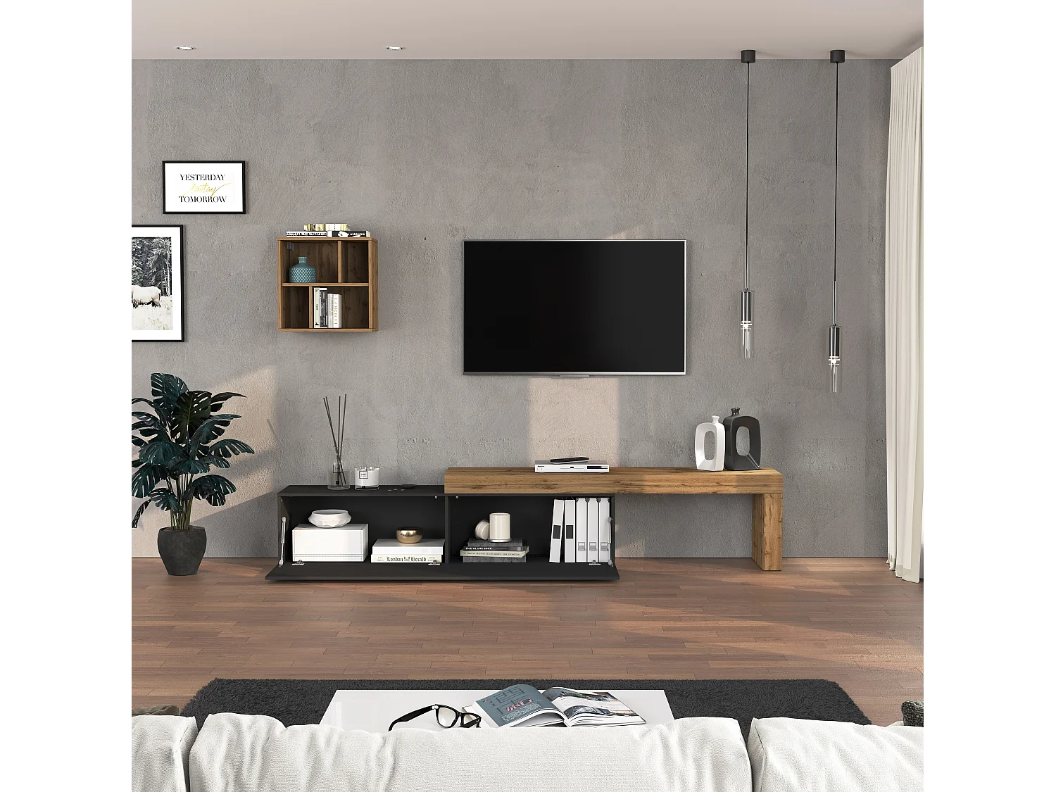 Parete attrezzata Chronos set soggiorno antracite opaco e rovere 190/350x40 cm