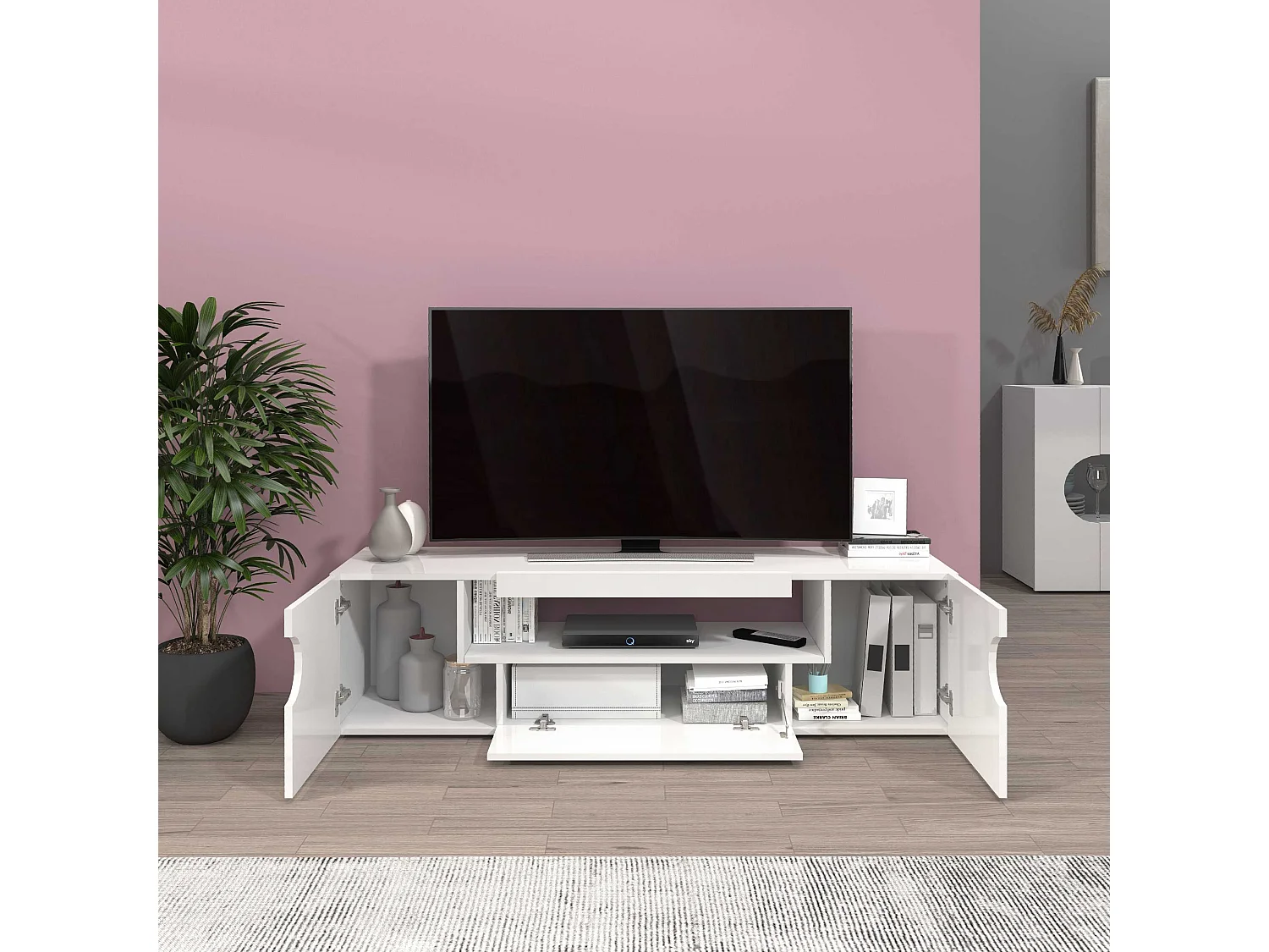 Mobile porta tv Real a 2 ante 1 ribalta e 1 vano aperto bianco lucido 150x40x40 cm