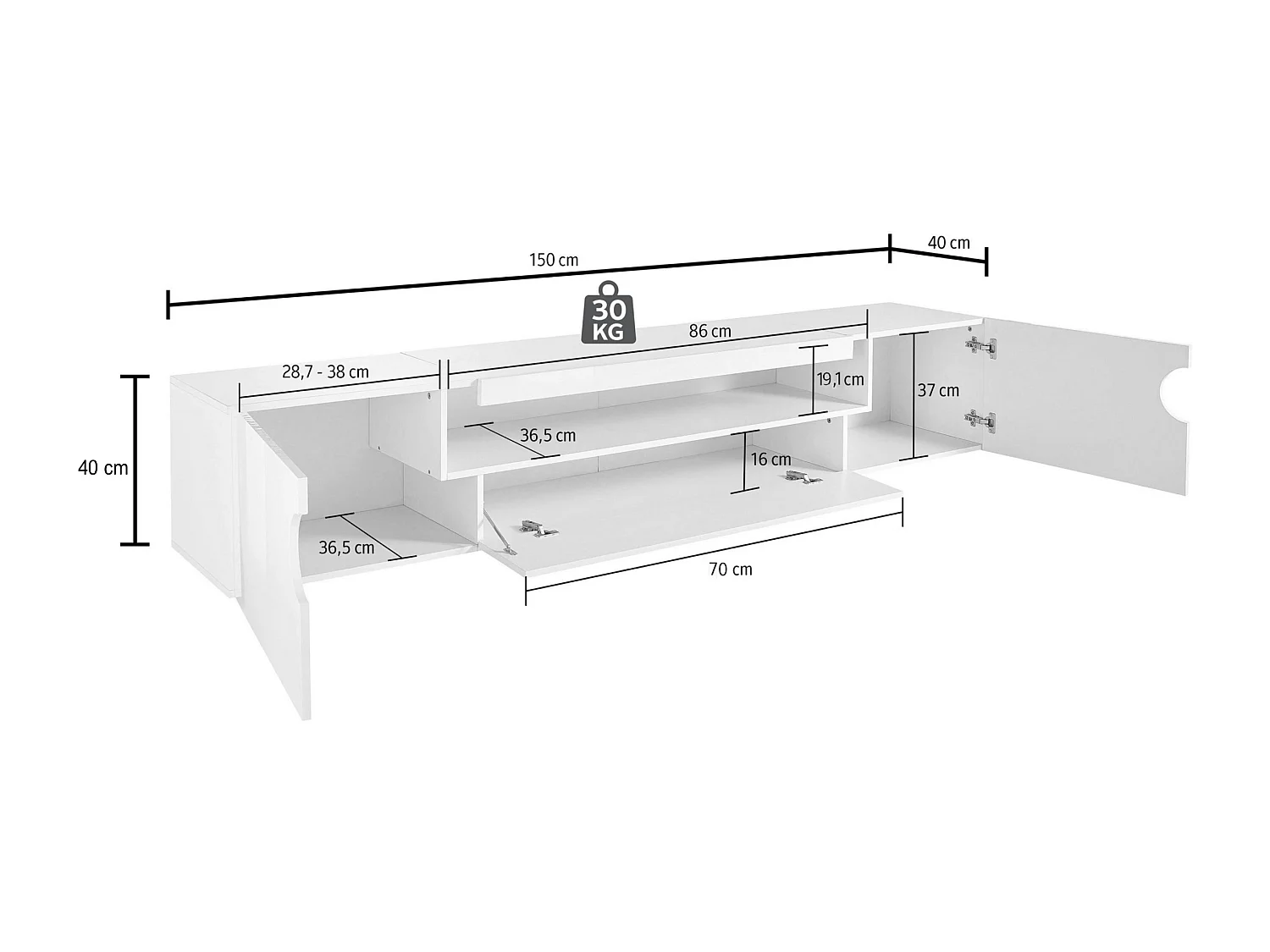 Mobile porta tv Real a 2 ante 1 ribalta e 1 vano aperto bianco lucido 150x40x40 cm