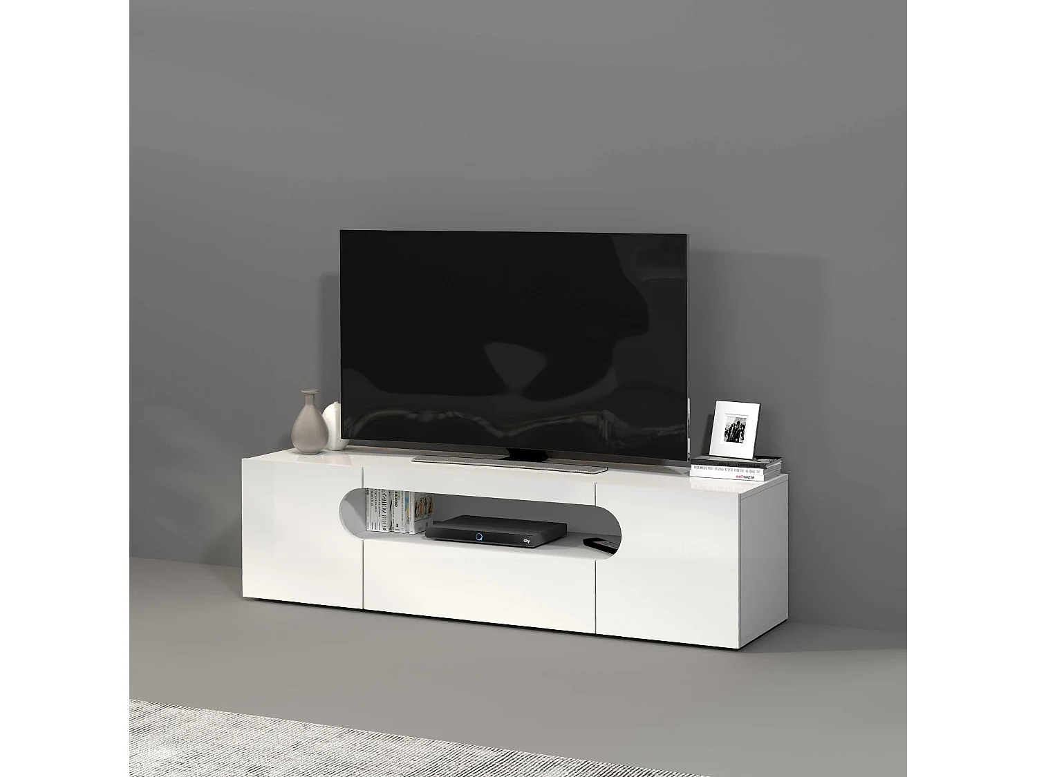 Mobile porta tv Real a 2 ante 1 ribalta e 1 vano aperto bianco lucido 150x40x40 cm