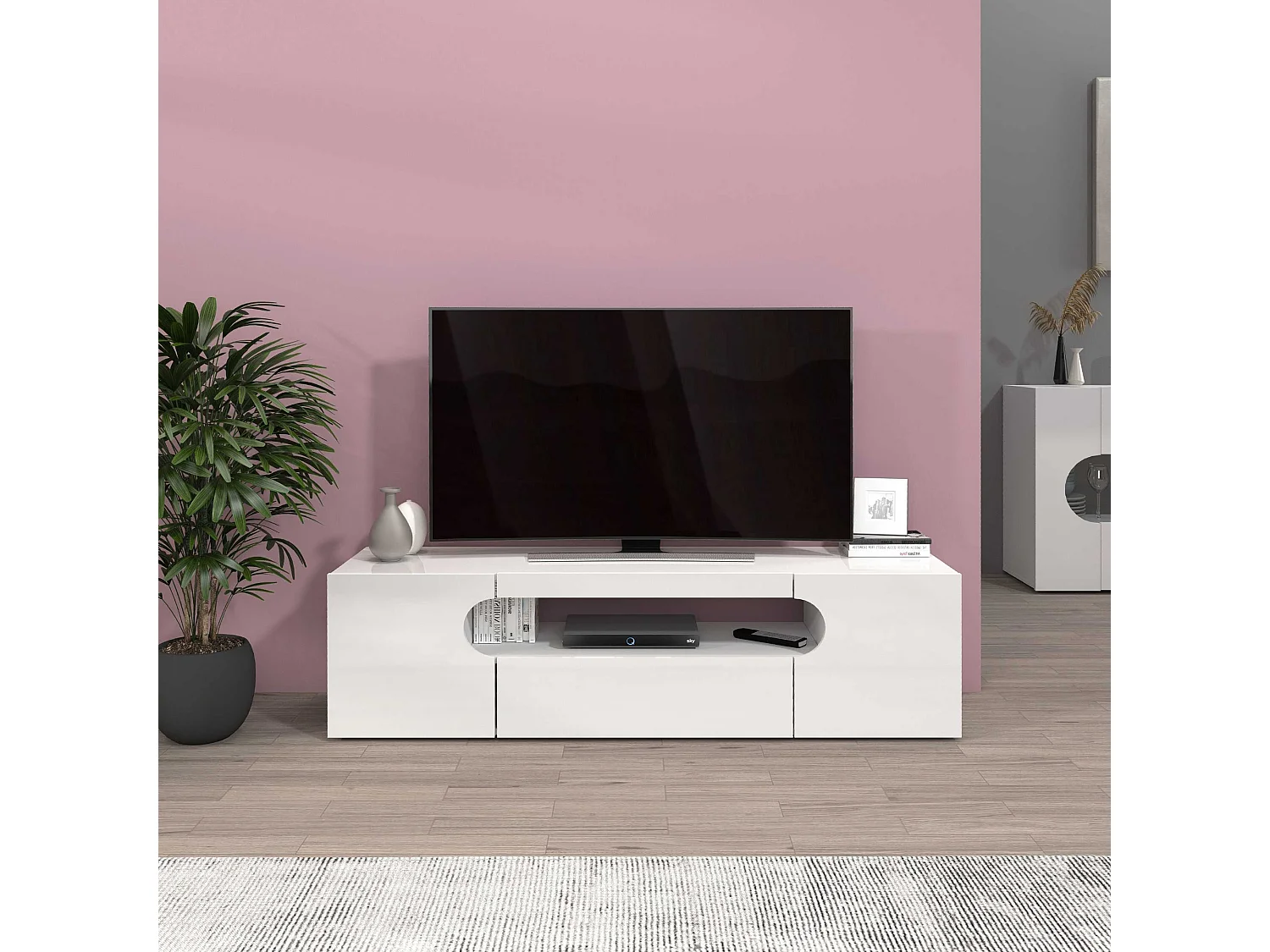 Mobile porta tv Real a 2 ante 1 ribalta e 1 vano aperto bianco lucido 150x40x40 cm