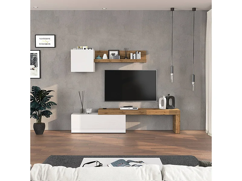 Parete attrezzata Chronos set soggiorno bianco Lucido e rovere 180/290x40 cm