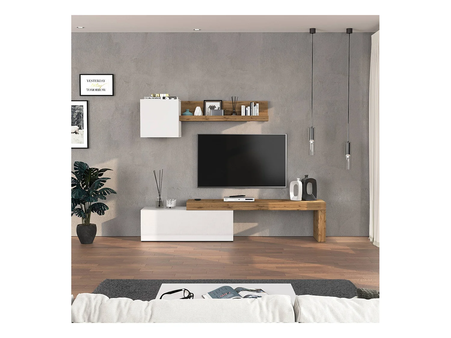 Parete attrezzata Chronos set soggiorno bianco Lucido e rovere 180/290x40 cm