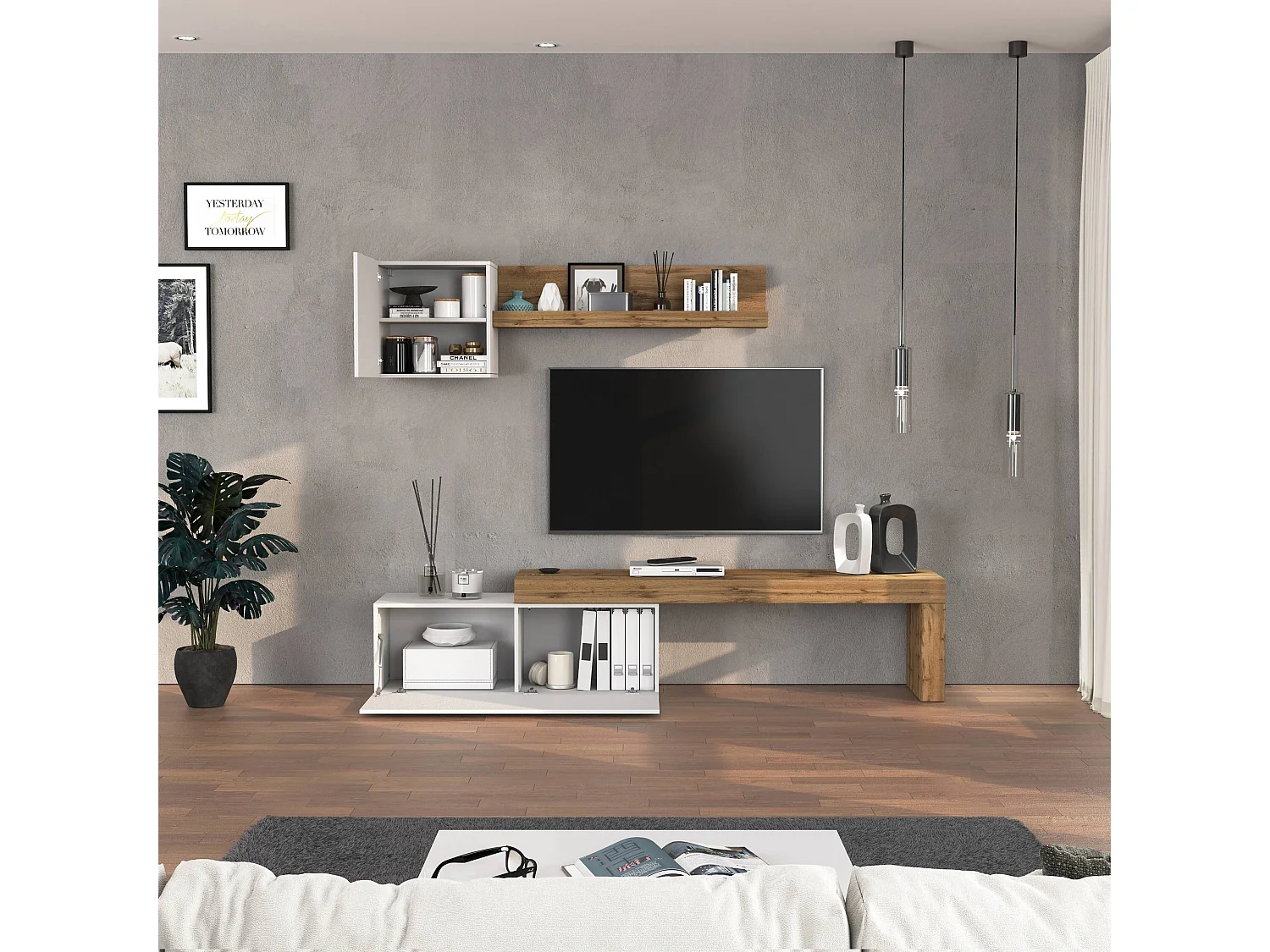 Parete attrezzata Chronos set soggiorno bianco Lucido e rovere 180/290x40 cm