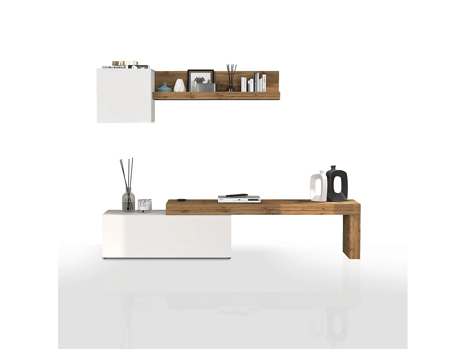 Parete attrezzata Chronos set soggiorno bianco Lucido e rovere 180/290x40 cm