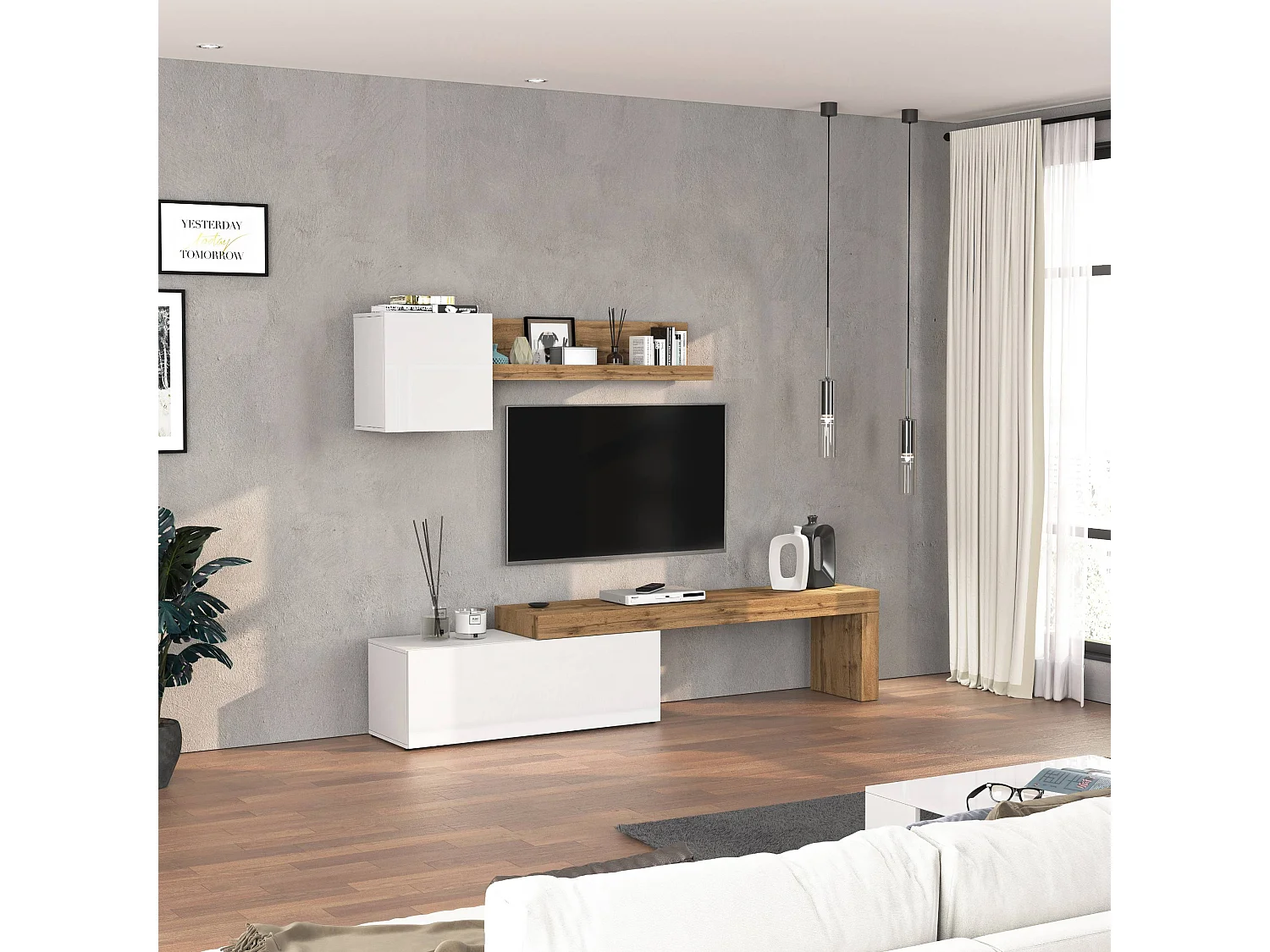 Parete attrezzata Chronos set soggiorno bianco Lucido e rovere 180/290x40 cm