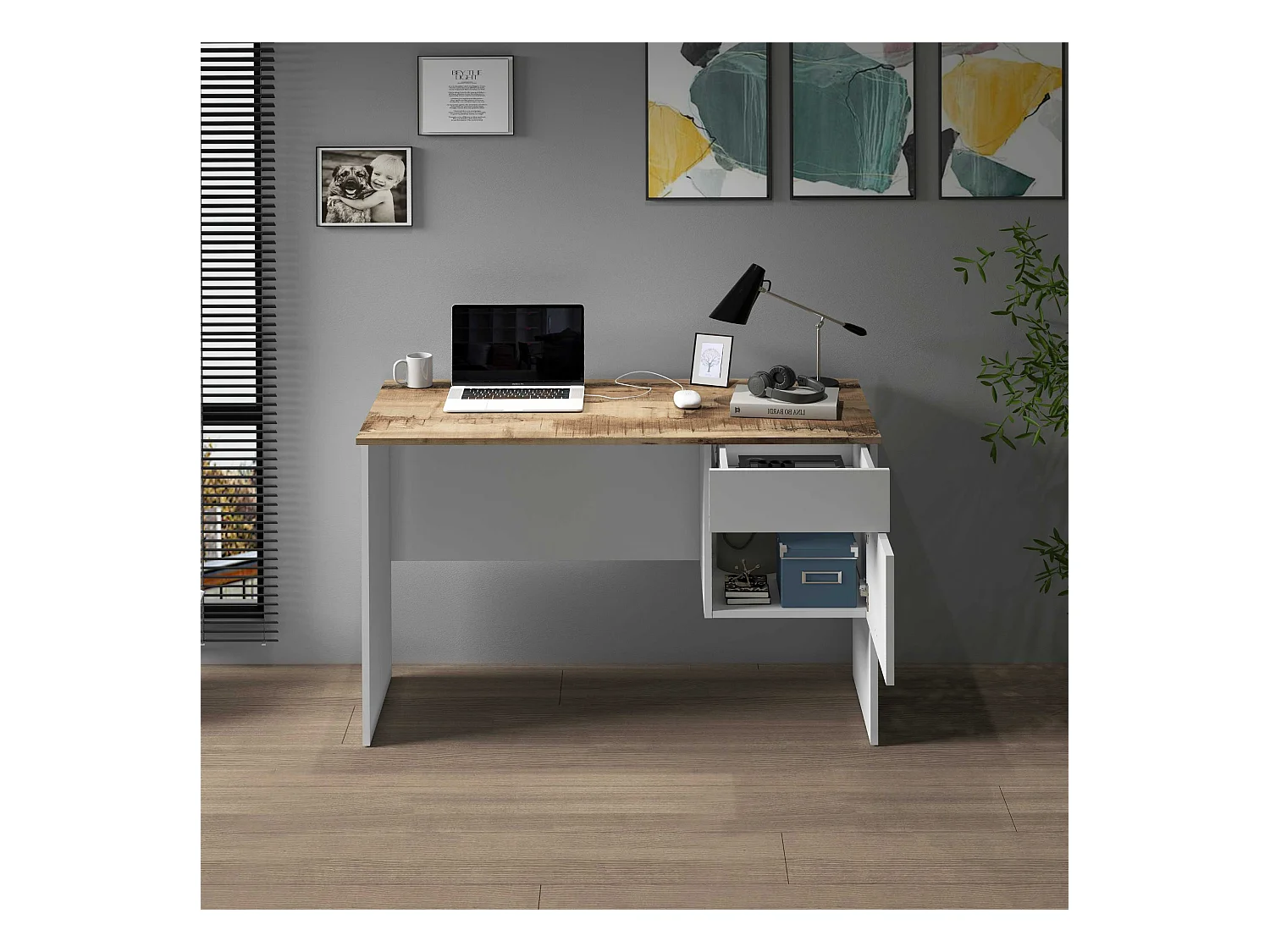 Scrivania Easy 1 anta e 1 cassetto acero e bianco opaco 110x50x75 cm