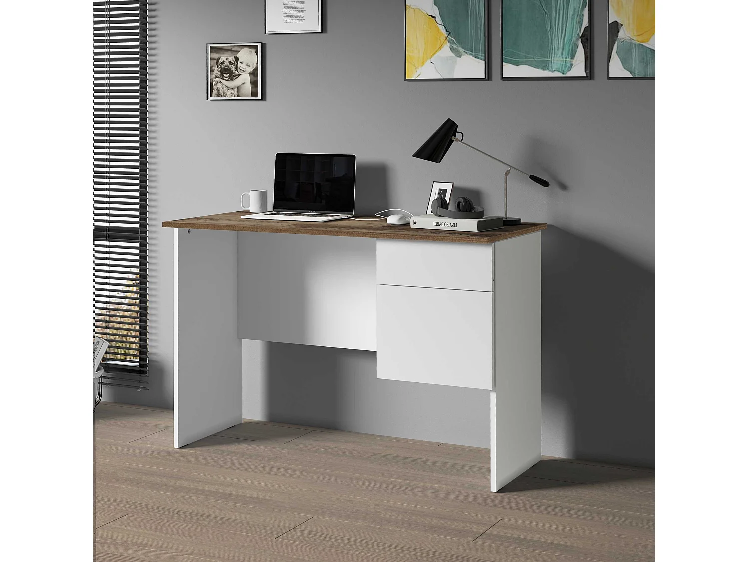 Scrivania Easy 1 anta e 1 cassetto acero e bianco opaco 110x50x75 cm