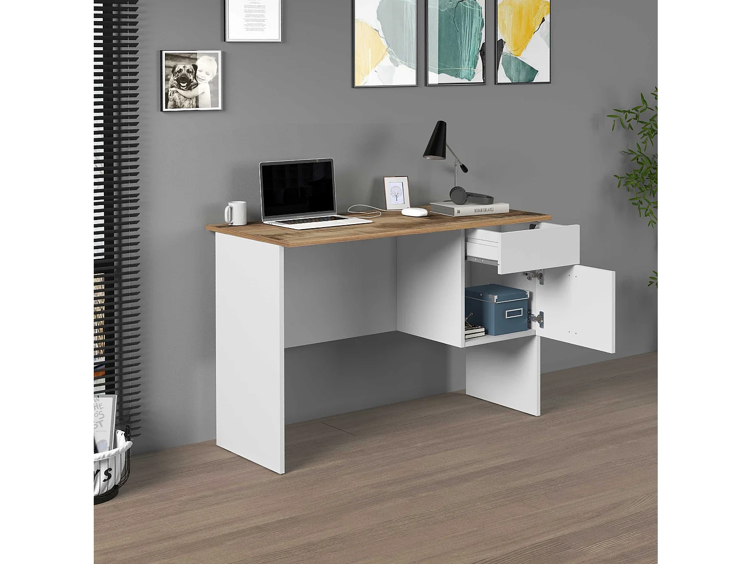 Scrivania Easy 1 anta e 1 cassetto acero e bianco opaco 110x50x75 cm