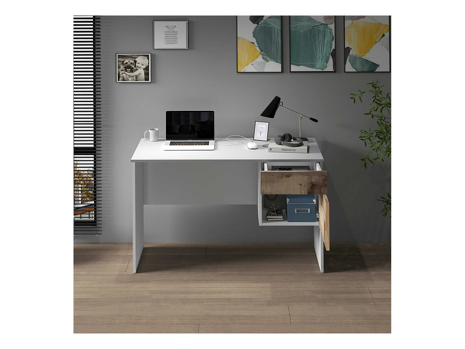 Scrivania Easy 1 anta e 1 cassetto bianco opaco e acero 110x50x75 cm