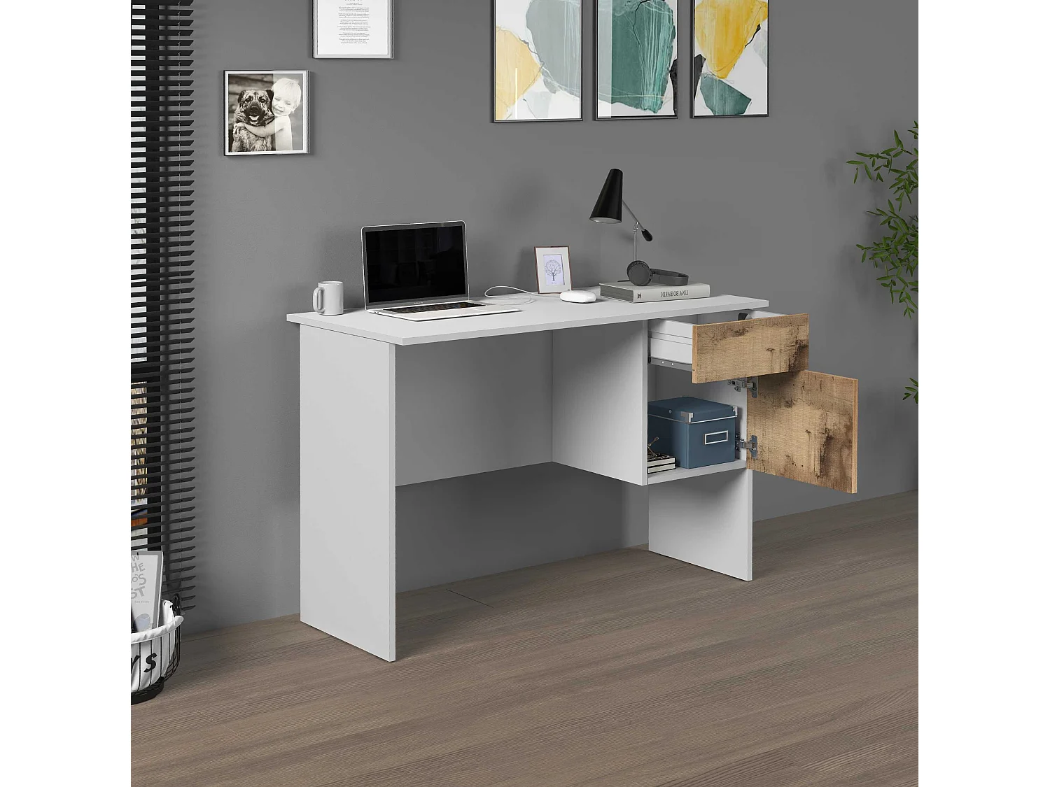 Scrivania Easy 1 anta e 1 cassetto bianco opaco e acero 110x50x75 cm